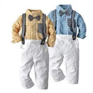 LY95男童绅士服装春秋套装长袖条纹领结衬衫 + 吊带裤宝宝儿童正式绅士