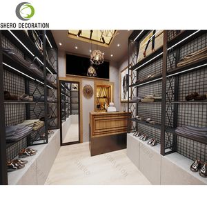 Design d'intérieur de boutique de vêtements pour hommes de luxe, armoire de présentation de vêtements de haute qualité avec sacs à vêtements en métal, armoire de présentation à panneaux rainurés - Product Image 4