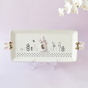 Del Coniglio di coniglietto Dell'orecchio Tenere con Oro Laurel Wreath Arco e Uova Lungo Piatti In Ceramica per la Primavera e di Pasqua! - Product Image 2