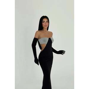 Vestido de Gala Largo Negro Elvera para Mujer con Detalles Brillantes, Cuello Alto, Decoración con Cuentas y Cintura Impero, Estilo Fiesta - Product Image 2