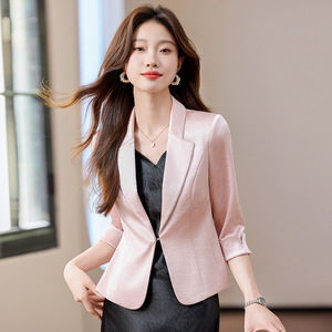 Women's Acetate Satin <b>Blazer</b> Three Quarter Sleeve Lightweight Breathable Black Suit <b>Set</b> For Summer Style - Product Image 4