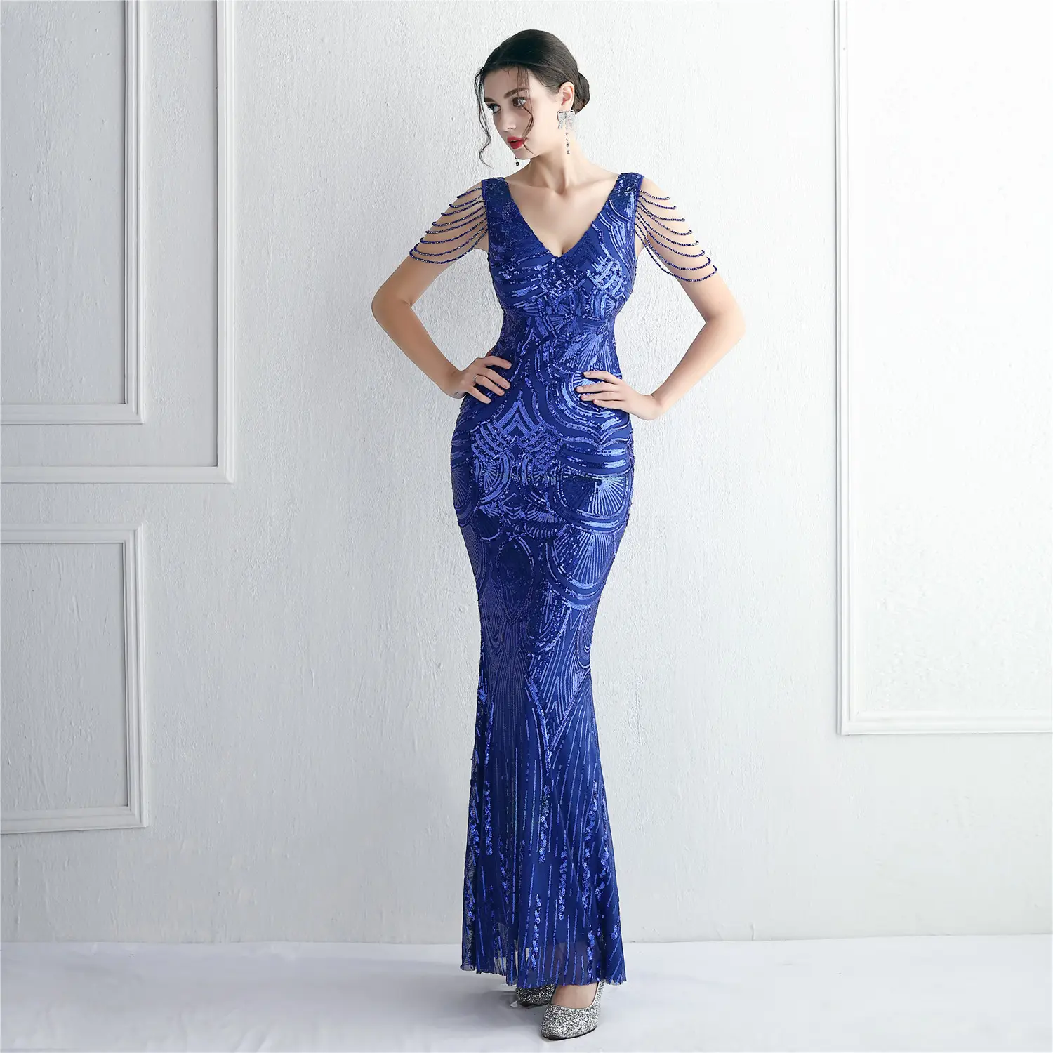 19608# New pattern bead process bead ordering Elegant women sequin long mermaid formaldress Evening Dress Dress Long Wear