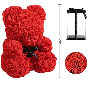 Ourson en roses artificielles, 25cm, fausses fleurs, fournitures pour la saint-valentin, pour petite amie, femme, cadeaux pour la fête des mères