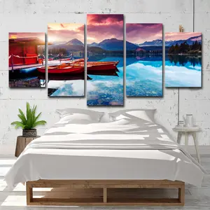 Painting Resort Natural Landscape Blue Lake Red Boat HD Modern Scenery Picture Printed Art Painting For Living Room Wall Decoration