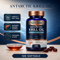Huile de Krill Antarktique PEITEBIO en gélules pour chiens et chats avec Oméga 3 EPA DHA, source marine naturelle, soutien pour la peau, le pelage et le cœur, 120 gélules