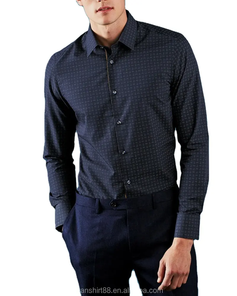 Navy Paisley Men's Printed Shirt For Italian Collar