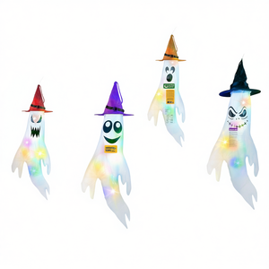 Decoración de Halloween: 4 muñecos fantasma colgantes de 43.3 pulgadas con sombreros de bruja, luces LED de colores, pilas incluidas, decoración espeluznante - Product Image 1