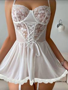 C25006 gaun Babydoll bordir mewah renda seksi transparan gaun pernikahan putih pakaian Lingerie Wanita - Product Image 3