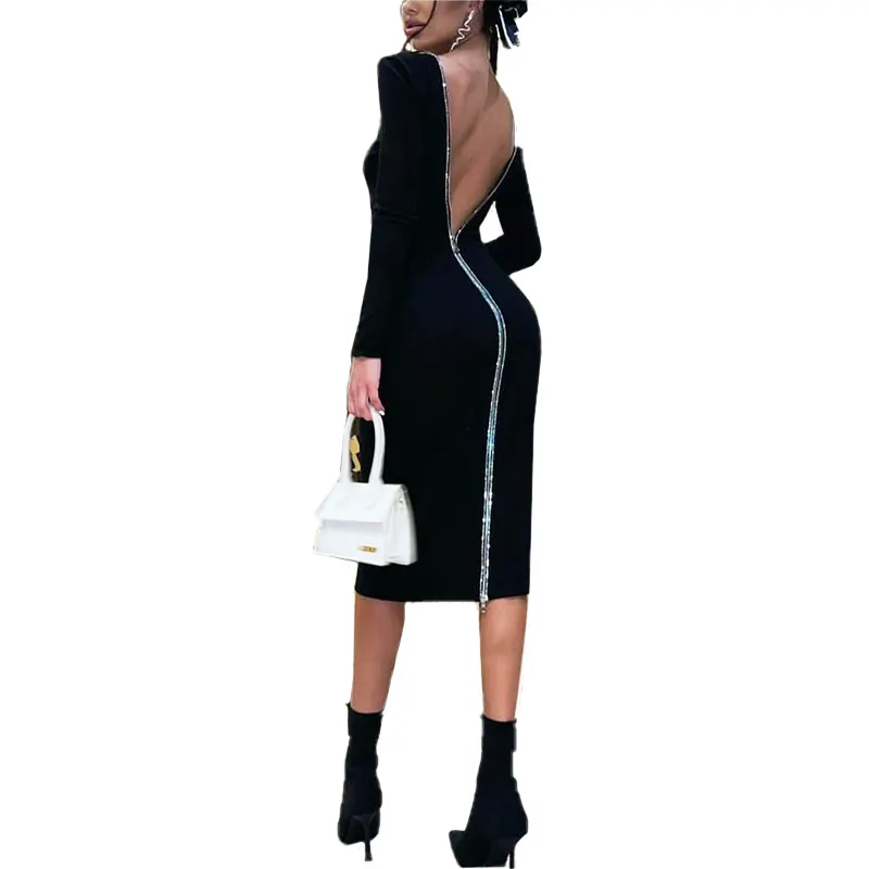 Hot selling Elegant backless long zipper black long sleeves women bandage dress