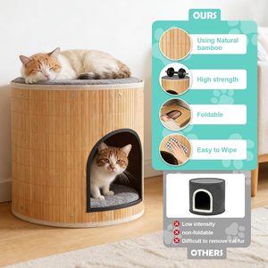 Hoogwaardige ronde natuurlijke bamboe houten kattenbed hol binnenhuis kubus - Product Image 2