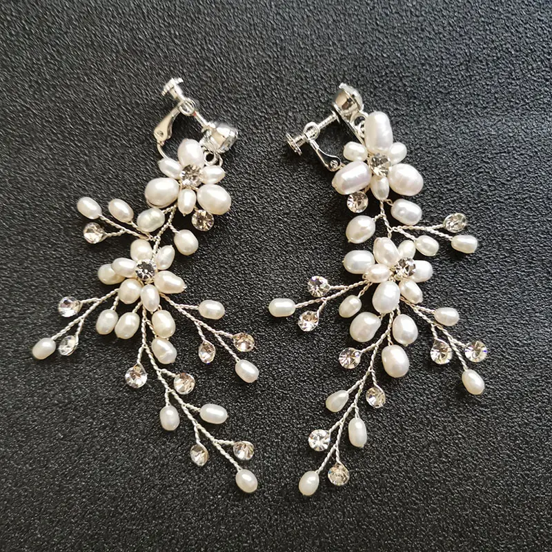 SLBRIDAL Handmade Rhinestones Crystal Freshwater Pearls Clip On Wedding Dangle Earring Bridal Chandelier Earring Women Jewelry