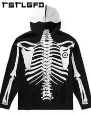 Felpa con cappuccio con logo personalizzato da fabbrica di Halloween di grandi dimensioni con scheletro di Halloween spesso con Zip e stampa di Halloween in cotone felpe con cappuccio per uomo - Product Image 3
