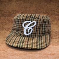Casquette Pillbox Pied-de-Poule Personnalisée Broderie Point de Chaînette Visière Plate Mélange de Laine Sangle en Cuir Réglable Boucle Métallique Unisexe