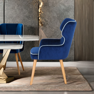 Nordic <strong>Blue</strong> Velvet Dining Chair with <strong>Light</strong> Wood Legs Upholstered Accent <strong>Armchair</strong> with White Piping for Home Restaurant Hotel - Product Image 5