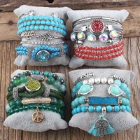 Set Gelang Kulit Tumpuk dengan Kancing Rhinestone Baru 1.8-2cm, Batu Alam, Manik-manik Kaca Kristal, dan Gelang Sekrup Alloy