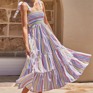 Thời Trang Giản Dị Dresses Dài Mùa Hè Bãi Biển Dresses 2023 Dây Đeo Cung Thiết Kế Sọc Maxi Sundress