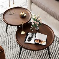 Ensemble de table basse ronde moderne en 2 pièces, adapté au salon, table à bord rond couleur noyer facile à assembler