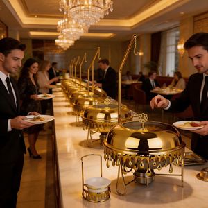 เครื่องอุ่นอาหารบุฟเฟ่ต์แบบแขวนหรูหราสีทอง 8 ลิตร รุ่นหยดน้ำ ทำจากสแตนเลสทรงกลม สำหรับโรงแรมและร้านอาหาร - Product Image 2