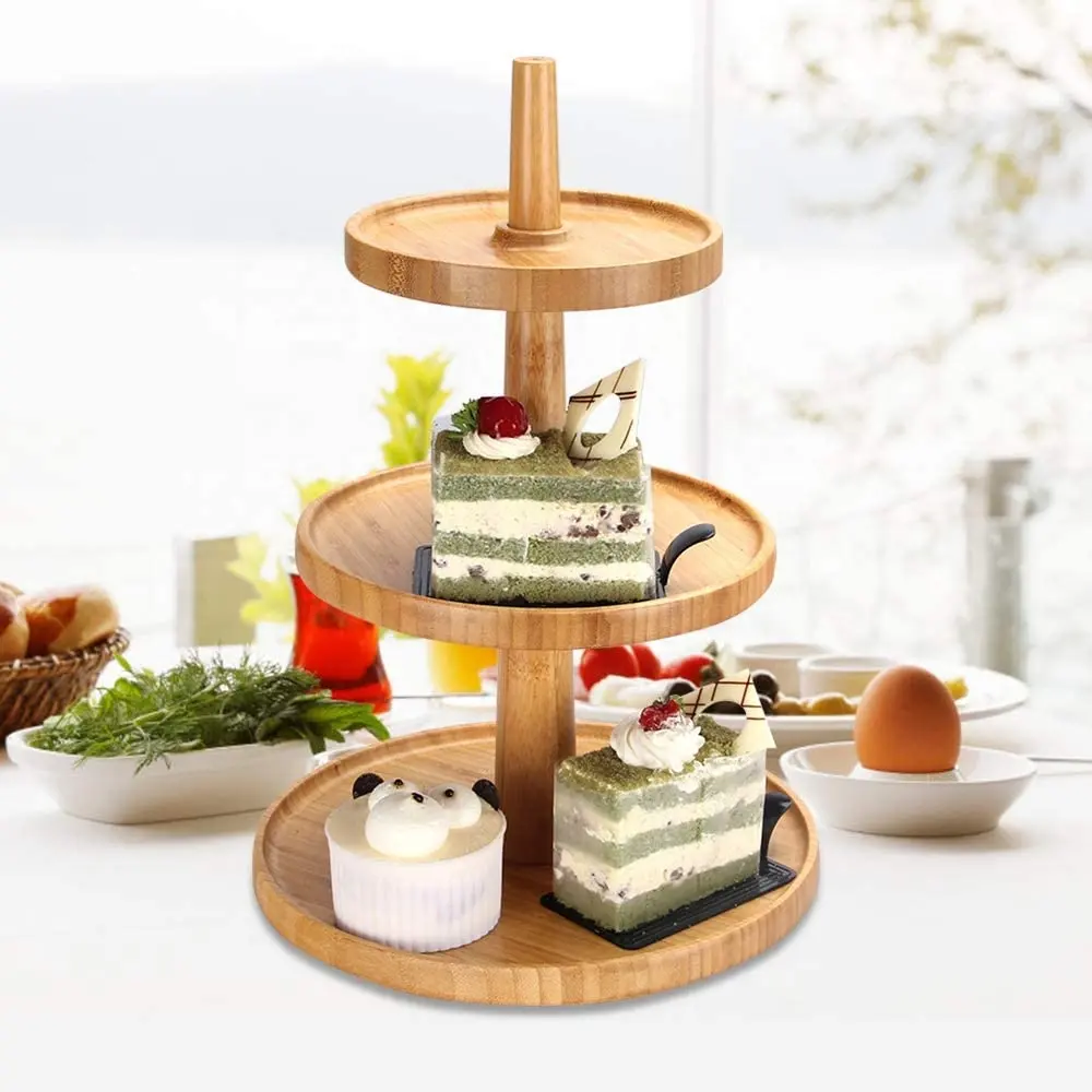 3 Tier Wooden Cake Stand Bamboo Wedding Tired Cupcake Stand Serving Tray Fruit Platter Cake Holder Cheese Plates