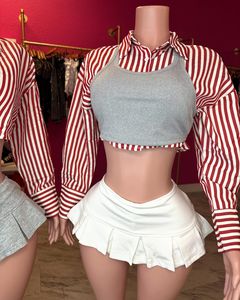 Set gonna autunno 2 pezzi da donna abiti Sexy camicie <span class=keywords><strong>a</strong></span> <span class=keywords><strong>righe</strong></span> rosse con gilet <span class=keywords><strong>a</strong></span> maglia minigonna Casual 3 pezzi Set gonna per donna - Product Image 3