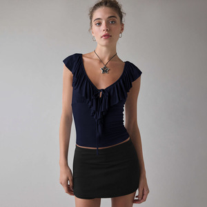 Spring and Summer Collection Breathable Knitted V-neck <strong>Backless</strong> <strong>Blouse</strong> with Ruffles Sleeveless Top Design - Product Image 4