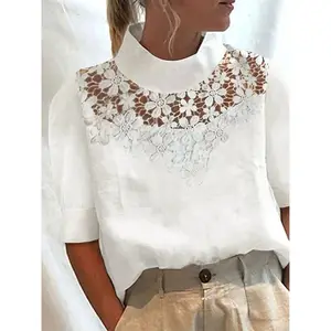 Vintage Summer White Tops Blouse Casual Lace Patchwork Women Cotton Linen Blouses Chic Leisure Stand Collar Blouse