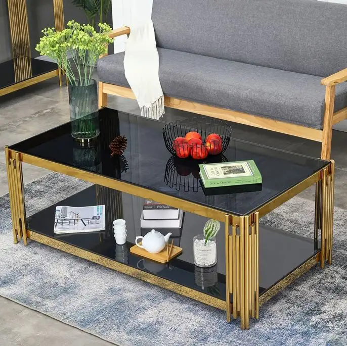 Gehärtetes modernes Design Wuxi goldene Glasplatte rechteckig, Luxus poliert Couch tisch/