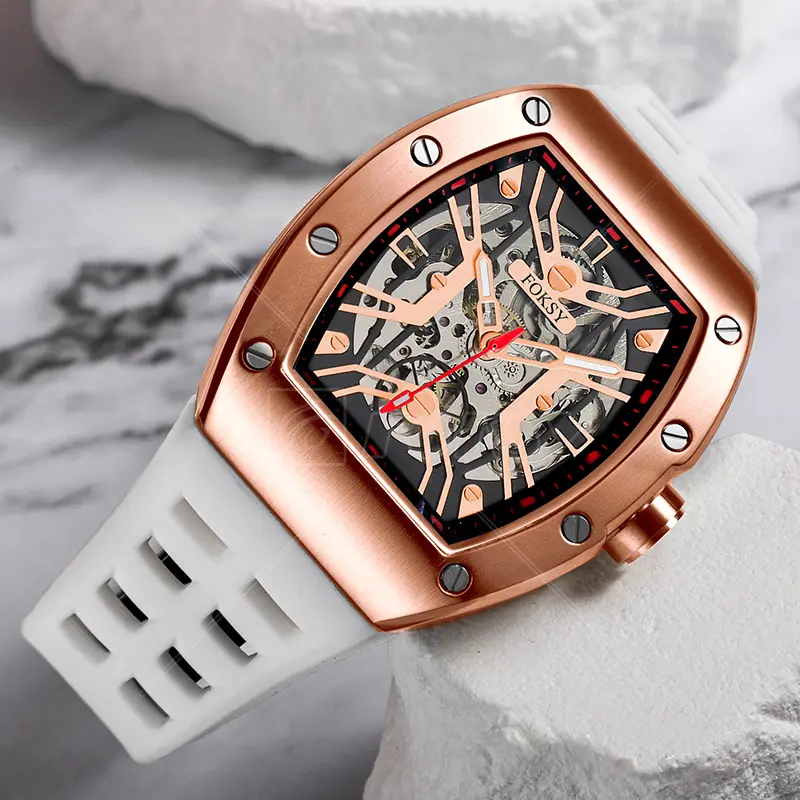 Male Alloy Case Silicone Strap Fashion Square Automatic Wristwatch Luxury Mechanical Skeleton Watch For Men