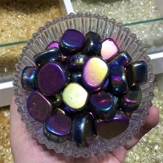titanium rainbow aura hematite crystal tumbled stones