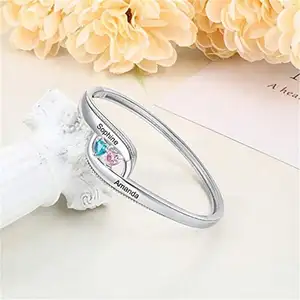 Plata de Ley 925 Diseñador de joyas Grabado 2 Nombre Brazaletes Birthstone Promise Bangle