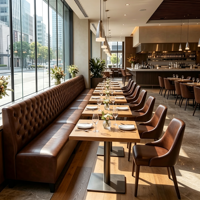 Meubles de café personnalisés, banquette de restaurant, sièges en cuir capitonné, banc mural, table en bois et chaises de salle à manger pour pizzeria