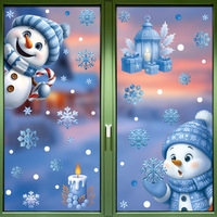 Pegatinas de Papá Noel, Decoración de Ventanas con Muñeco de Nieve Azul, Adhesivos Estáticos para Ventanas Navideñas, Arte de Ventanas con Copos de Nieve 3D