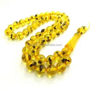 Hochwertige 10mm 51 Perlen gelbe Farbe Harz Bernstein Türkei beliebte 33 Stück Kehribar Tesbih muslimischen Gebets perlen mit Ameisen im Inneren