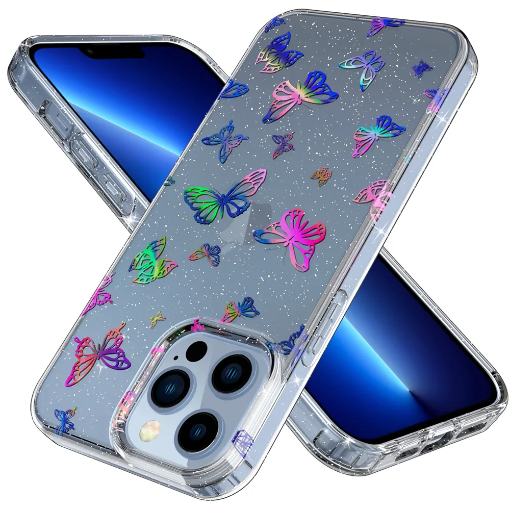 Nouvelle coque scintillante pour téléphone, motif papillon étoile fleur, pour iPhone 14 pro 13, pour filles et femmes