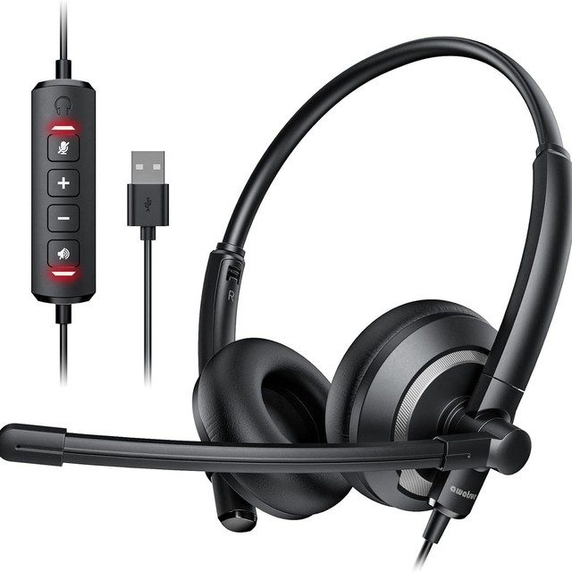 AWATRUE EH05 Wired USB/3.5mm Office Headset with ENC Noise Canceling Mic, Over-Ear Call Center Headphones
