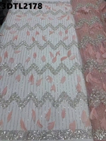 Tissu en dentelle de luxe haut de gamme des Philippines, motif fleurs 3D, tissu en dentelle perlée couleur pêche pour robe de mariée d'Oman, tissu en dentelle perlée
