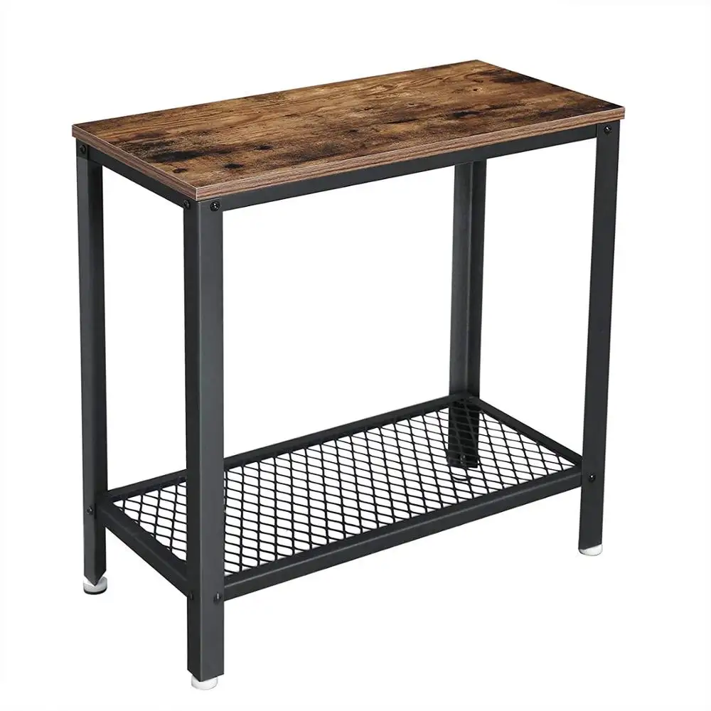 Metalen Frame Houten Salontafel 2-Tier Nachtkastje Met Mesh Plank Gehamerd Metalen Rand Bijzettafel Metaal