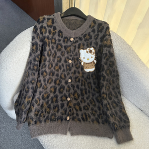 2025 automne nouveau dessin animé Kitty <span class=keywords><strong>chat</strong></span> imprimé léopard femmes ample décontracté Cardigan tricoté <span class=keywords><strong>pull</strong></span> haut dans un Style paresseux - Product Image 1