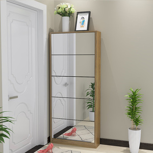 Maison moderne en bois avec miroir économiseur d'espace mince armoire à chaussures simple étagère à chaussures avec portes en verre - Product Image 2