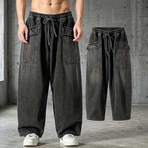 Pantalones Cargo de Mezclilla Lavada a la Piedra para Hombre, Corte Holgado, Cintura con Cordón y Bolsillos Grandes, Estilo Casual de Primavera - Product Image 3