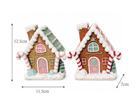 Ensemble de 2 maisons de village de Noël en résine peintes à la main, figurines de maisons en pain d'épices, pilier en forme de canne à sucre rose menthe, décoration de table