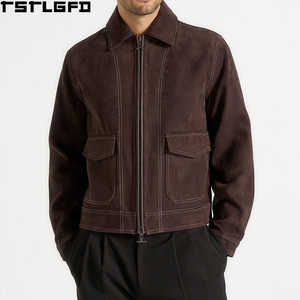 Oem Odm <b>Suede</b> Contrast Stitch <b>Jacket</b> <b>Men</b> Dark Brown Two Way Zipper Windbreaker Streetwear Outerwear Manufacturers Bulk - Product Image 4