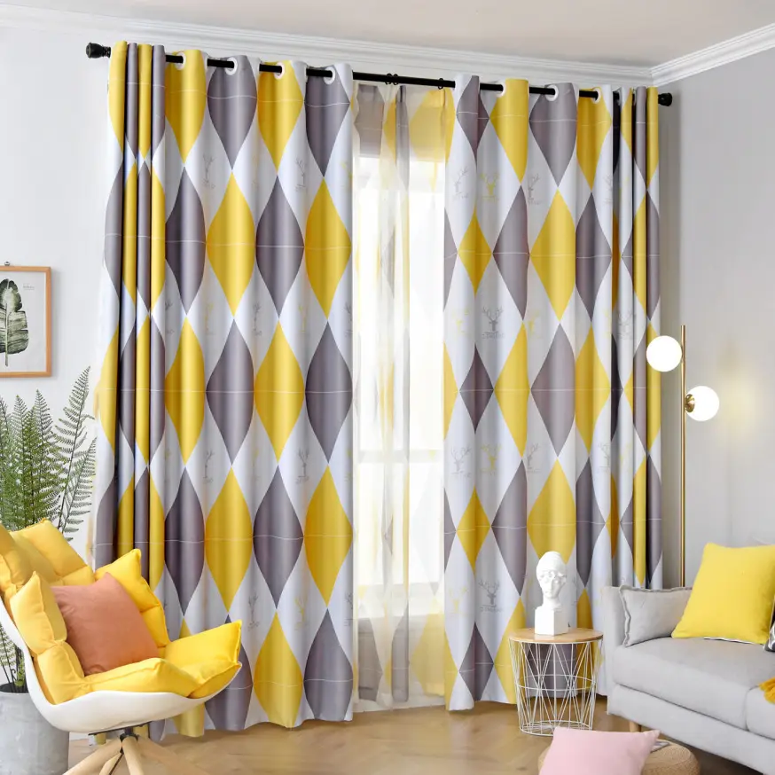 New Style Modern Yellow Geometric Printing Living Room Bedroom Home Decoration Polyester Window Curtains