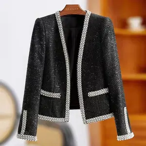 Tweed Top mujer Otoño e Invierno 2023 nueva belleza temperamento estilo corto con cuentas traje versátil abrigo