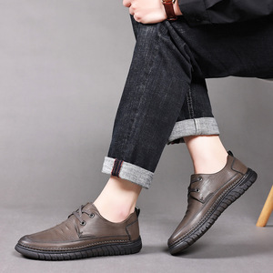 Chaussures de marche en cuir pour hommes, bout rond, lacets, doublure en maille respirante, semelle extérieure en caoutchouc, cuir de vachette, style décontracté - Product Image 4