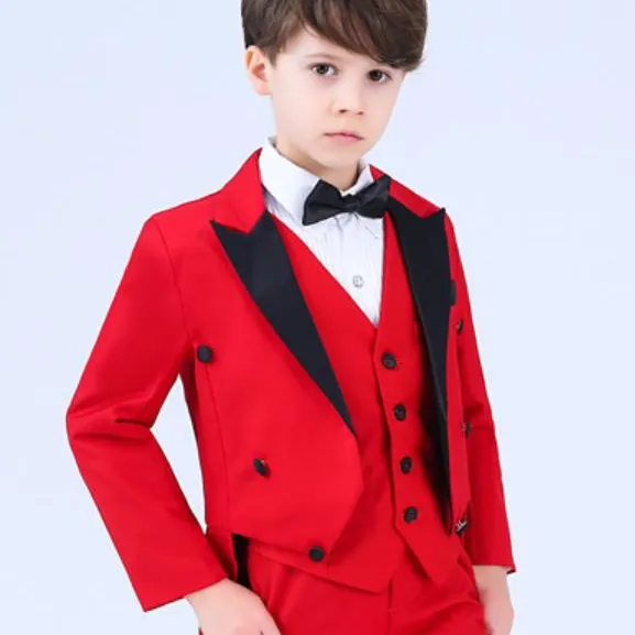 Formal Red Boy Tuxedo Suit Set Children Wedding Blazers Host Piano Performance Party Costume Kids Tuxedo Pants Bowtie Outfit
