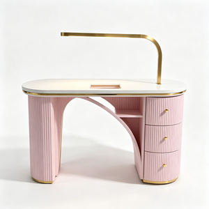 Table à ongles rose cannelée avec lampe LED, 3 tiroirs de rangement, bureau de manucure, poste de travail de luxe pour salon de beauté et spa - Product Image 6