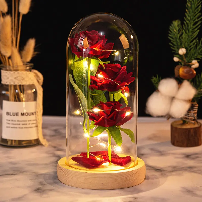 Cadeau de Saint-Valentin fleurs conservées rose naturelle en verre décoration de la maison vente en gros