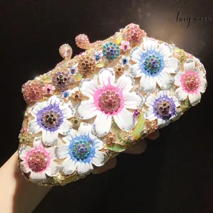 Luxury Ladies Clutch Handbags Women Colorful Daisy Purse Bling Rhinestones Party Clutch Bag Evening Bags NE791