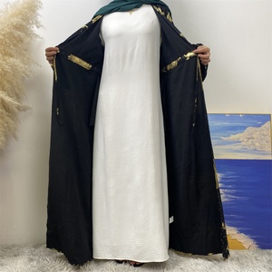 1444# Classy Gorgeously Gold Flowers Print With Shiny Rhinestones With Hidden Belt With Pockets Women Eid Black Abaya - Product Image 2